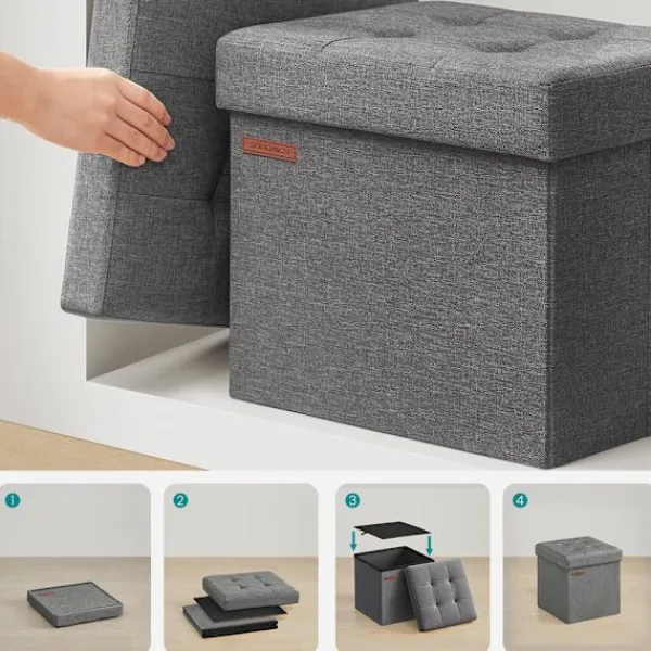 Sittpuffar>Foldable Soft Footstool with Storage in Dark Grey Fabric