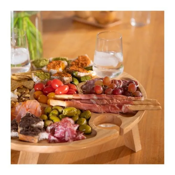 LIVOO Småbord>Förrättsbricka - - MES150 - Gummiträ - Avdelarbricka - 4 skåror för glas - Hopfällbara ben