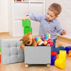Sittpuffar>Förvaringsfåtölj 38x38x32cm Förvaringslåda Bomulls Förvarings pall 4 Träben Fotpall med Förvaringsutrymme för Hall Vardagsrum Sovrum