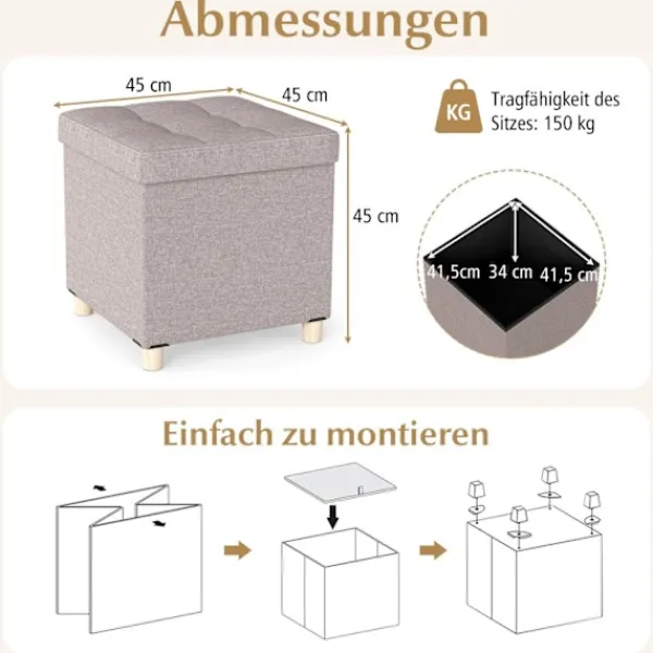 Northix Sittpuffar>Förvaringsottoman med linnetyg, 53,5L, Beige, 45cm