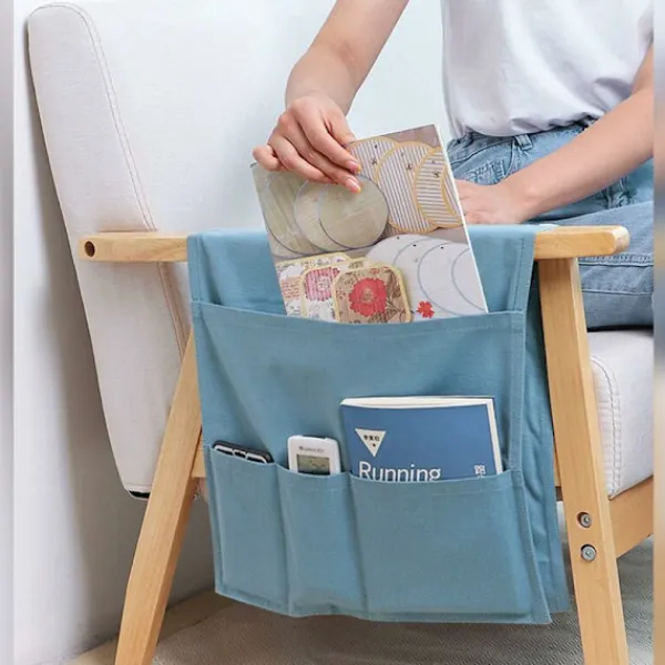 Soffor>Fåtölj armstöd organizer fjärrkontrollhållare soffarmstöd caddy med 5 fickor armstöd hängande förvaringsväska för tidningar böcker glasögon blå