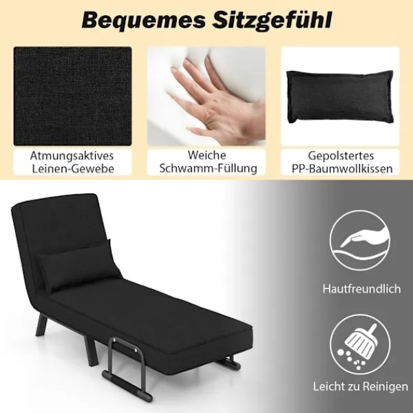 B2X Fåtöljer>Fåtöljssäng med sängfunktion, hopfällbar soffa, bäddsoffa med justerbart ryggstöd och avtagbar dyna, svart