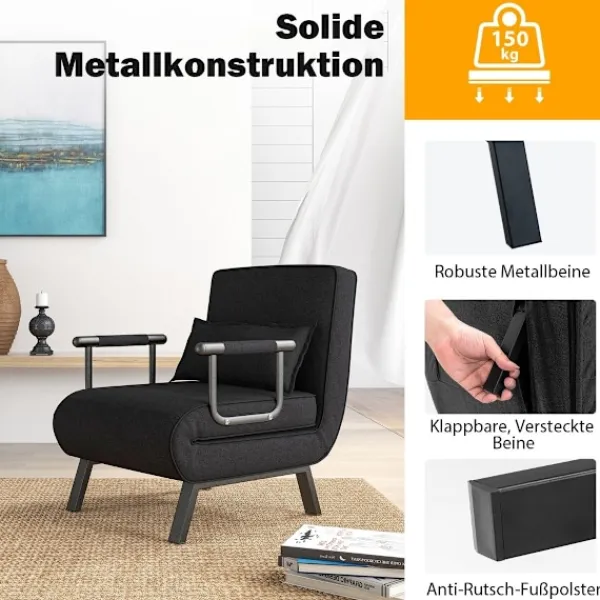 B2X Fåtöljer>Fåtöljssäng med sängfunktion, hopfällbar soffa, bäddsoffa med justerbart ryggstöd och avtagbar dyna, svart