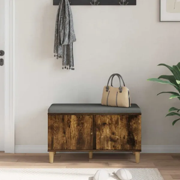 vidaXL Balkongmöbler>Hallbänk med kudde med lagring med dörr Rökt ek 60 x 38 x 46 cm