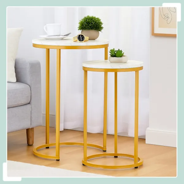 Northix Småbord>Häckningsbord i marmorlook, set med 2, metallben