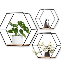 Hyllor>Hexagonala metallvägghyllor set om 3, dekorativa hängande hyllor, loftvägghyllor, hyllor Kompatibla med väggdekoration black