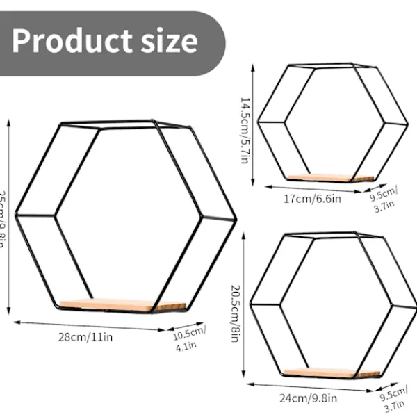 Hyllor>Hexagonala metallvägghyllor set om 3, dekorativa hängande hyllor, loftvägghyllor, hyllor Kompatibla med väggdekoration black