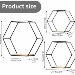 Hyllor>Hexagonala Vägg Hyllor Set om 3, Metall & Trä, för Kök Badrum Sovrum, Svart Väggdekor [CH]