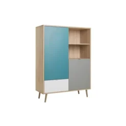 Sideboards>Hög skänk - Sonoma ek, vit, grå och blå - Skandinavisk stil - CUBA - L 103 x D 40 x H 139 cm
