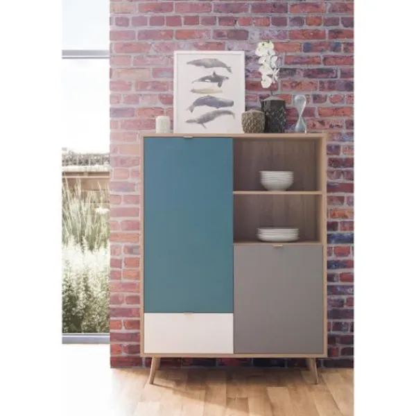 Sideboards>Hög skänk - Sonoma ek, vit, grå och blå - Skandinavisk stil - CUBA - L 103 x D 40 x H 139 cm