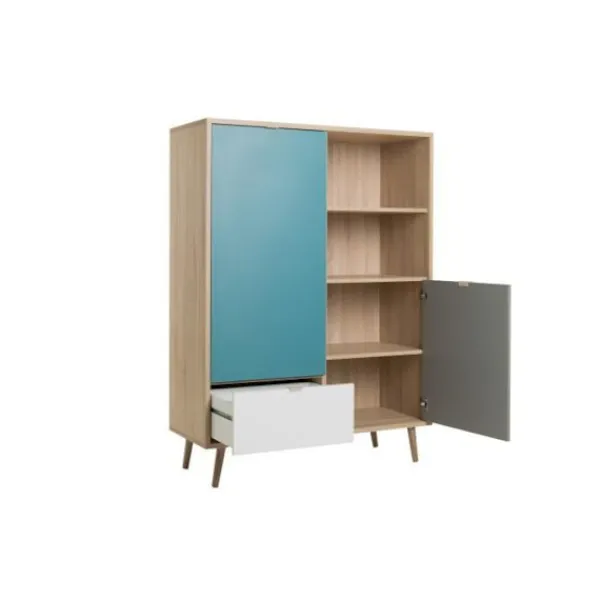 Sideboards>Hög skänk - Sonoma ek, vit, grå och blå - Skandinavisk stil - CUBA - L 103 x D 40 x H 139 cm
