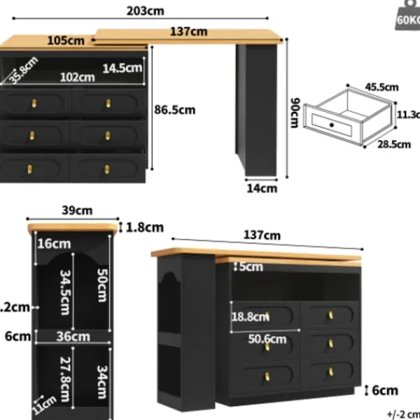 Matbord>Höj- och sänkbart barbord 138-203 cm, utdragbart med 360° svängfunktion och hjul, modernt barbord med låda, svart