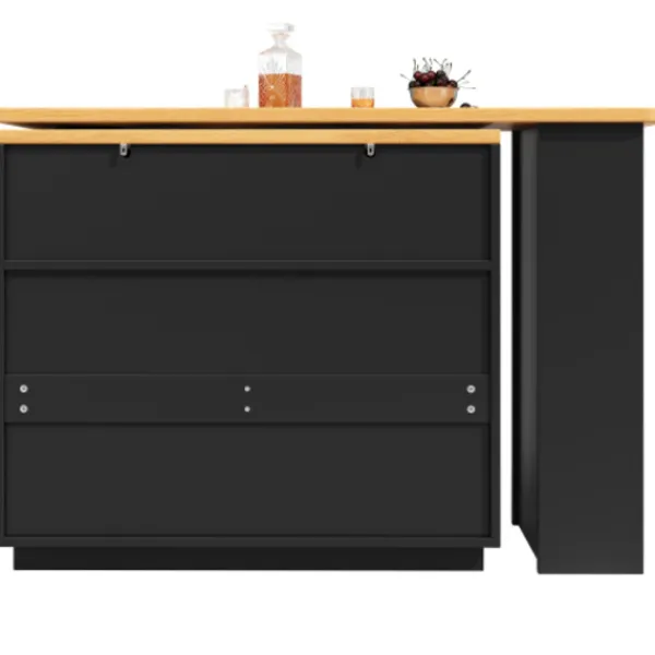 Matbord>Höj- och sänkbart barbord 138-203 cm, utdragbart med 360° svängfunktion och hjul, modernt barbord med låda, svart