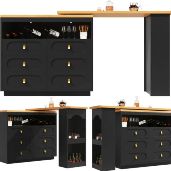 Matbord>Höj- och sänkbart barbord 138-203 cm, utdragbart med 360° svängfunktion och hjul, modernt barbord med låda, svart