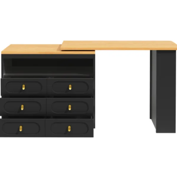 Matbord>Höj- och sänkbart barbord 138-203 cm, utdragbart med 360° svängfunktion och hjul, modernt barbord med låda, svart