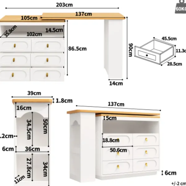 Köksö>Höj- och sänkbart barbord (138-203 cm), utdragbart med 360° svängfunktion, hjul och låda, förvaringsutrymme, vit