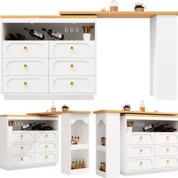 Köksö>Höj- och sänkbart barbord (138-203 cm), utdragbart med 360° svängfunktion, hjul och låda, förvaringsutrymme, vit