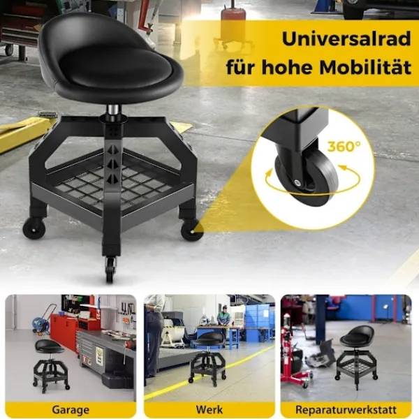 Northix Pallar>Höjdjusterbar verkstadspall 150 kg lastkapacitet med verktygsbricka verkstadsstol svart