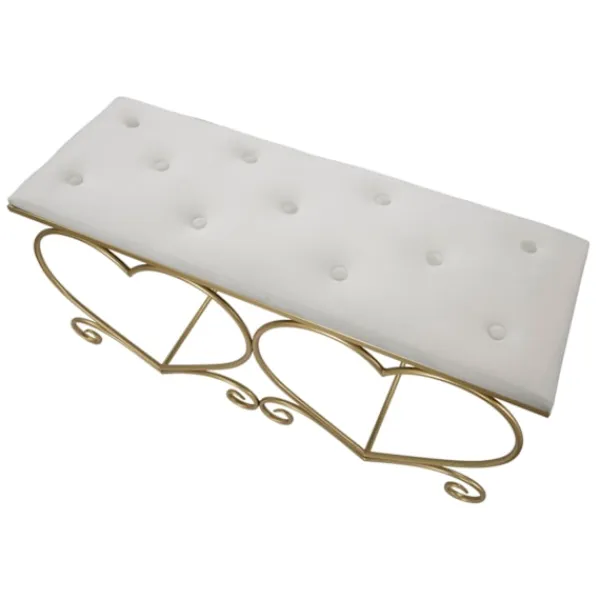 B2X Balkongmöbler>Hjärtbänk, krämfärgad klädsel, guldmetall, 105x37,5x51,5