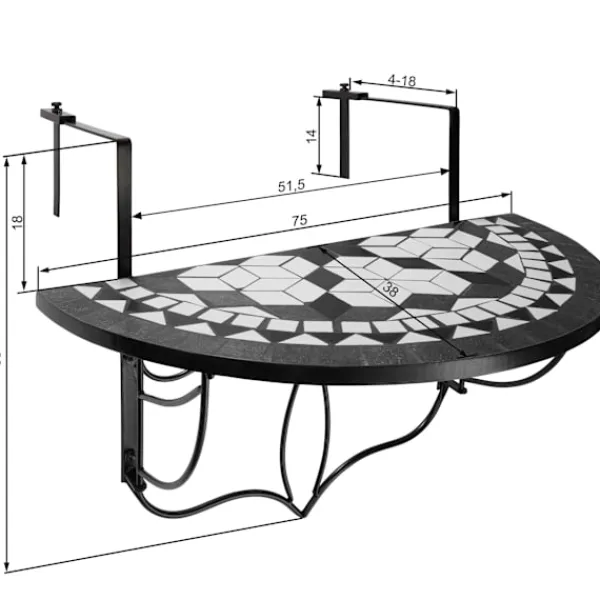 tectake Balkongmöbler>Hängande balkongbord med vikbart mosaikmönster 75x65x62cm svart/vit