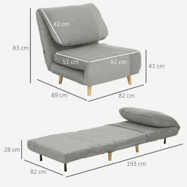 Northio Soffor>2-i-1 bäddsoffa, stolsäng, justerbar hopfällbar madrass, gästsäng i manchesterlook, för sovrum, vardagsrum, grå 82 x 89 x 83 cm