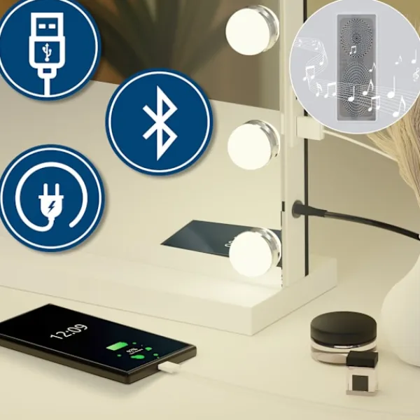 BellaFurn Sminkbord>Illuminated Wall Mirror - Make -Up Mirror - Dimble LEDS & USB -anslutning | Färg: Vit | Innehåll: Med Bluetooth