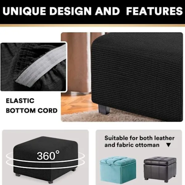 Sittpuffar>Jacquard Stretch Square Ottoman Cover Sofa Stool Cover Soft Square Footstool Covers Washable Removable (Svart, 27-32 tum/68-81cm)