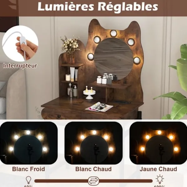 COSTWAY Sminkbord>Kattformad Smyckesbord med LED-spegel , Justerbart Ljus, Laddstation, 3 Hyllor, 2 Lådor,