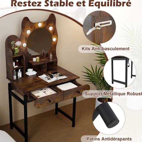 COSTWAY Sminkbord>Kattformad Smyckesbord med LED-spegel , Justerbart Ljus, Laddstation, 3 Hyllor, 2 Lådor,