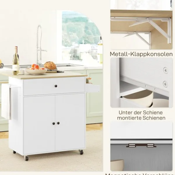 Northio Köksö>Köksö köksvagn på hjul med hopfällbar bänkskiva, låda, köksskåp rullbar med hylla, handdukstork, kryddställ, serveringsvagn vit
