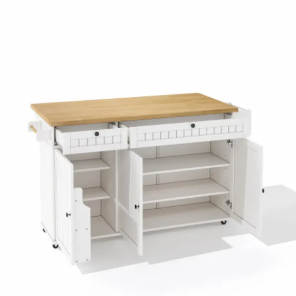Köksö>Köksö med glasskiva och 6 hjul, 137x89,5 cm, med 2 lådor & skåp, flexibel arbetsyta, vit
