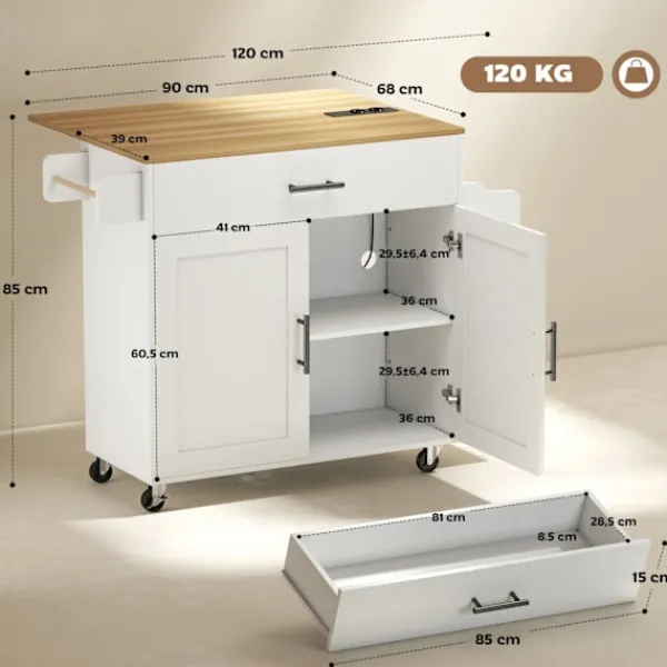 Northio Köksö>Köksö, rullande, med klaffar, låda, 120x68x85 cm, vit