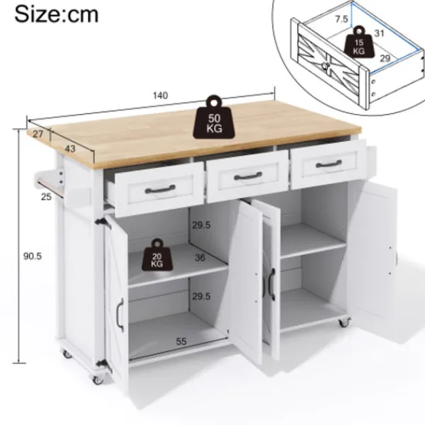 Köksö>Köksö 140x43x90 cm med nedfällbar skiva & 5 hjul - 4 dörrar, 3 lådor, ladugårdsstil