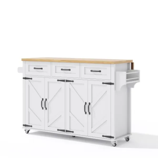 Köksö>Köksö 140x43x90 cm med nedfällbar skiva & 5 hjul - 4 dörrar, 3 lådor, ladugårdsstil
