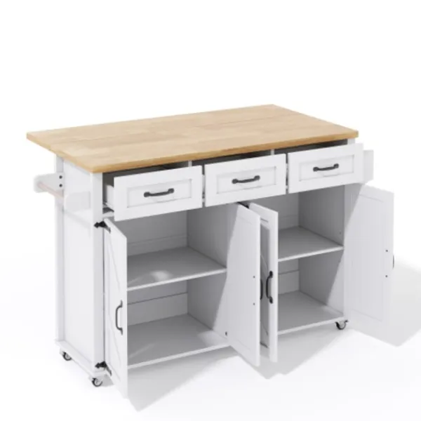 Köksö>Köksö 140x43x90 cm med nedfällbar skiva & 5 hjul - 4 dörrar, 3 lådor, ladugårdsstil