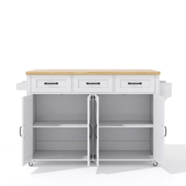 Köksö>Köksö 140x43x90 cm med nedfällbar skiva & 5 hjul - 4 dörrar, 3 lådor, ladugårdsstil