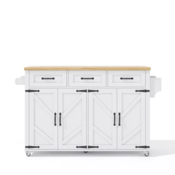 Köksö>Köksö 140x43x90 cm med nedfällbar skiva & 5 hjul - 4 dörrar, 3 lådor, ladugårdsstil