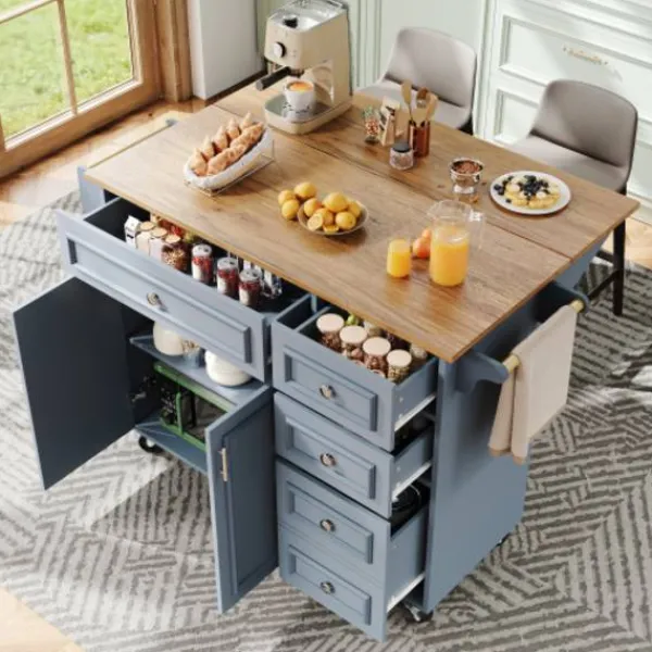 Köksö>Köksö 110x45-75x92cm blå - Modernt multifunktionellt skåp med vintagemönster, kan användas som matbord/serveringsvagn, förvaringsutrymme