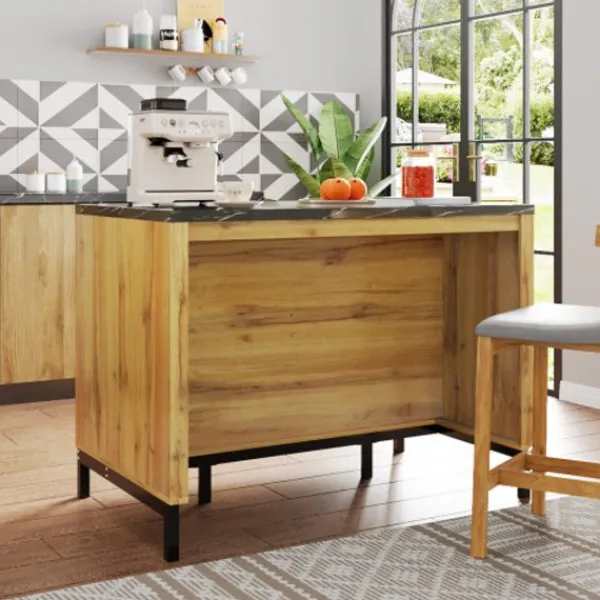 Köksö>Köksö 120x75x90cm lantlig stil med 2 lådor, 4 hyllor & barområde, ek-look & marmorskiva