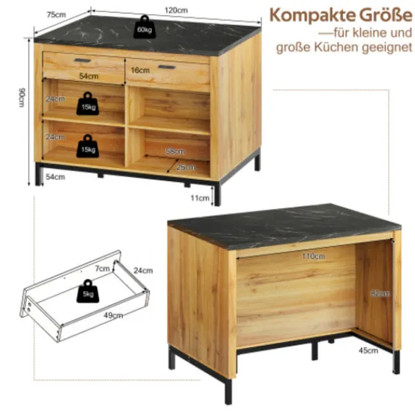 Köksö>Köksö 120x75x90cm lantlig stil med 2 lådor, 4 hyllor & barområde, ek-look & marmorskiva