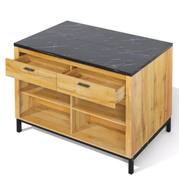 Köksö>Köksö 120x75x90cm lantlig stil med 2 lådor, 4 hyllor & barområde, ek-look & marmorskiva