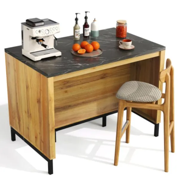 Köksö>Köksö 120x75x90cm lantlig stil med 2 lådor, 4 hyllor & barområde, ek-look & marmorskiva