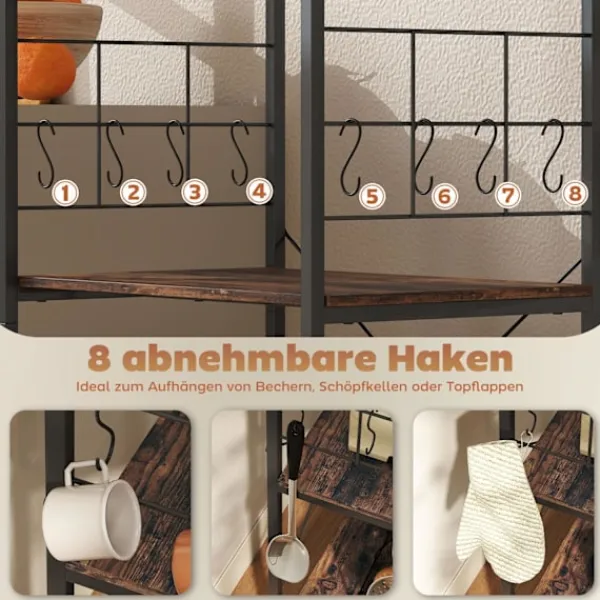 Northio Köksö>Kökshylla, 4 nivåer, bänkskiva, 8 krokar, metall, brun/svart