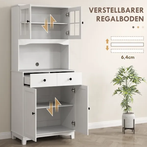 Northio Skåp>Köksskåp högskåp med mikrovågshylla, 2 skåp, 2 lådor, vitrinskåp med justerbara hyllor, lutningsskydd, bufféskåp för vardagsrum, matsal, vit