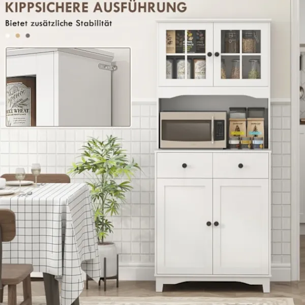 Northio Skåp>Köksskåp högskåp med mikrovågshylla, 2 skåp, 2 lådor, vitrinskåp med justerbara hyllor, lutningsskydd, bufféskåp för vardagsrum, matsal, vit