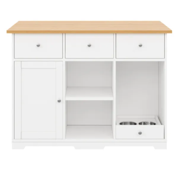 Köksö>Köksvagn med matskål för husdjur & låda, mobil köksö 120x90cm, serveringsvagn, vit