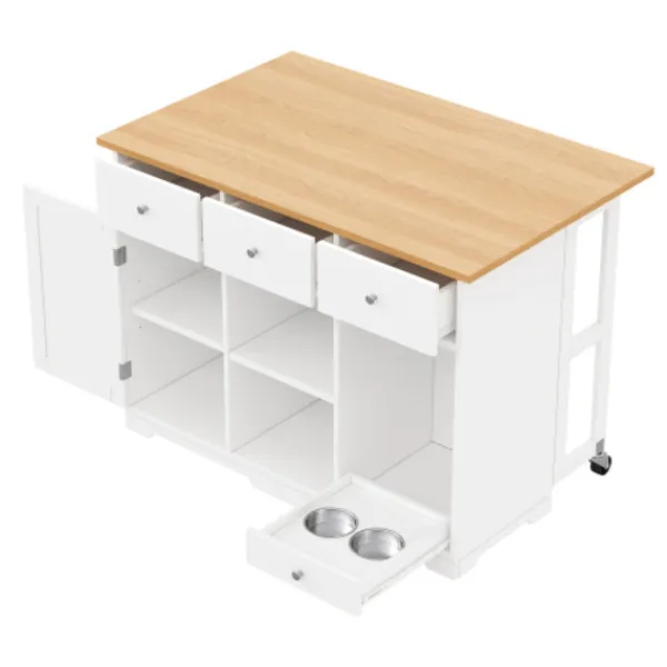 Köksö>Köksvagn med matskål för husdjur & låda, mobil köksö 120x90cm, serveringsvagn, vit