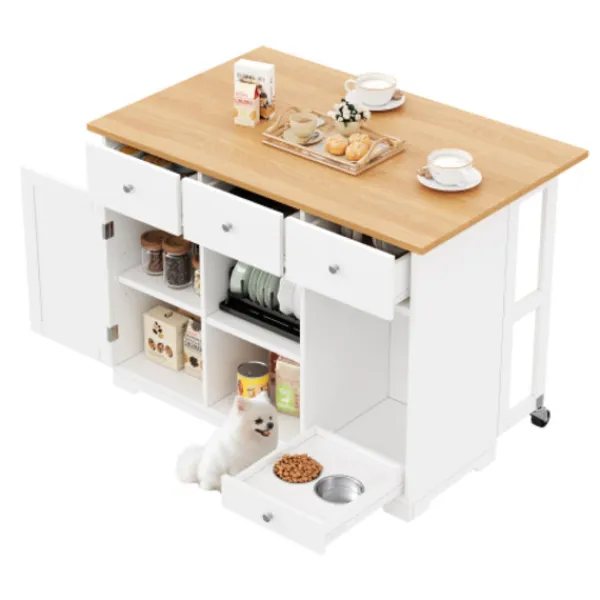 Köksö>Köksvagn med matskål för husdjur & låda, mobil köksö 120x90cm, serveringsvagn, vit