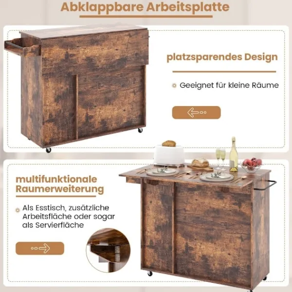 Northio Köksö>Köksvagn på hjul Serveringsvagn med hopfällbar bänkskiva 121 x 68 x 88 cm Rustikbrun