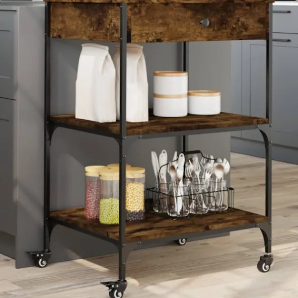 vidaXL Köksö>Köksvagn rökfärgad ek 60x48x89,5 cm konstruerat trä